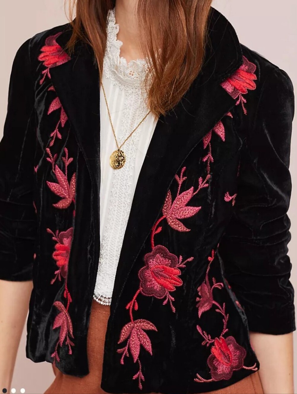 Embroidered Velvet Jacket - Black with Pink Floral Embroidery